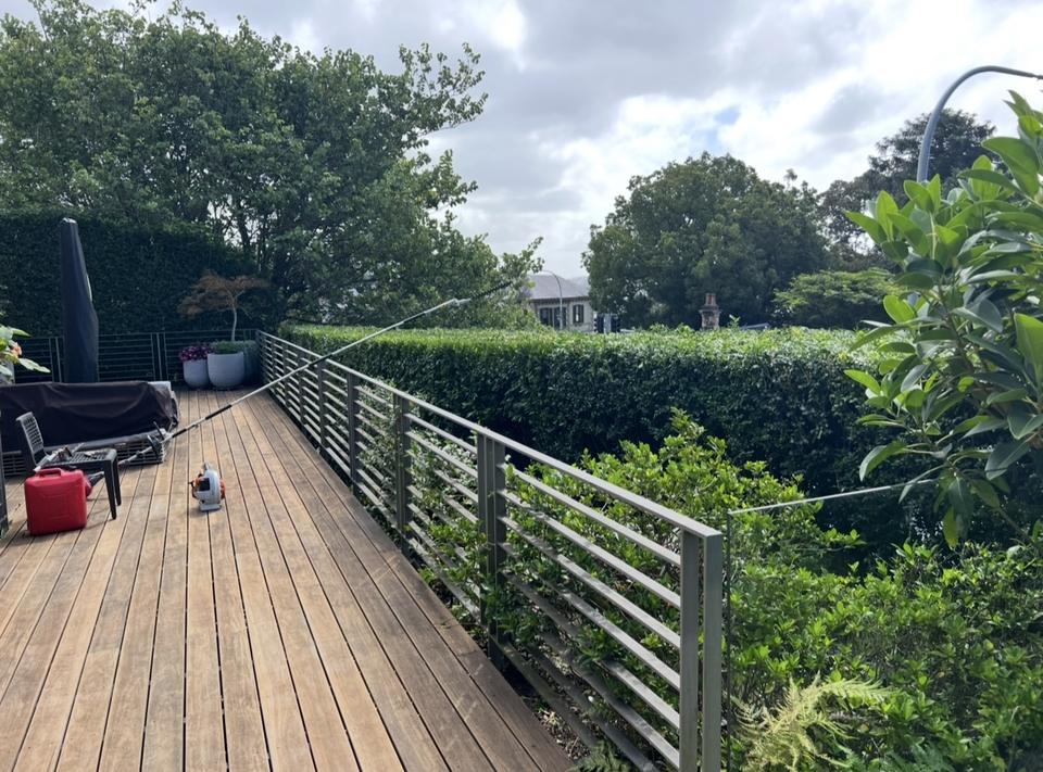 The same deck hedge trimmed to a clean, level line
